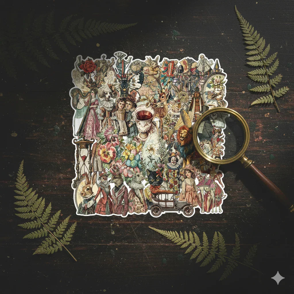 Dark Academia vintage ephemera PET sticker pack with 50 assorted collage and journaling stickers, 4 to 6 cm pieces