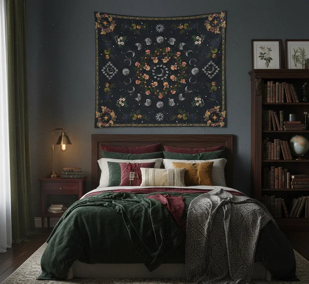 Dark celestial moon phase tapestry with floral wreath and stars, brushed fabric wall hanging with free installation kit