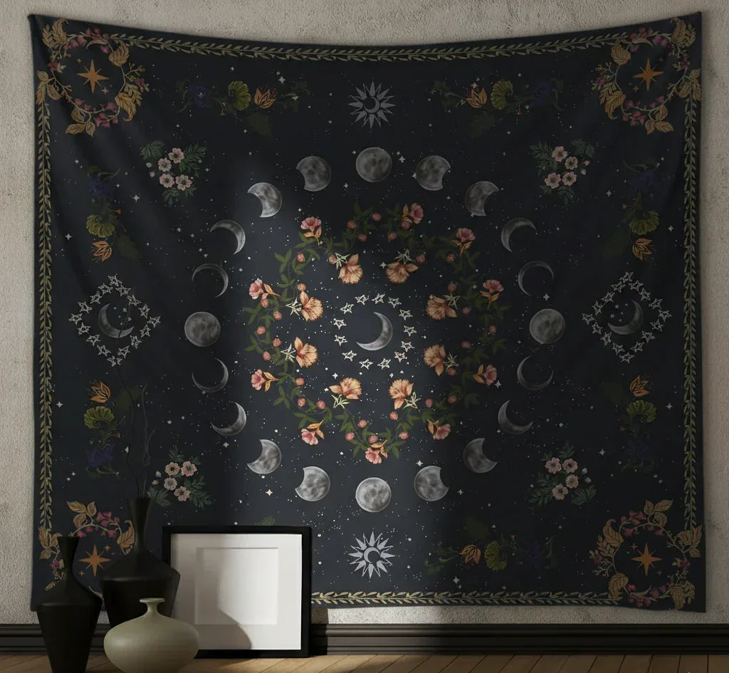 Dark celestial moon phase tapestry with floral wreath and stars, brushed fabric wall hanging with free installation kit