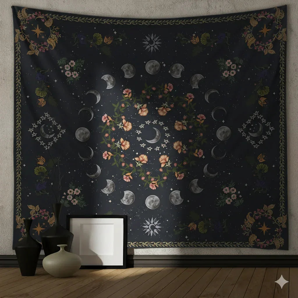 Dark celestial moon phase tapestry with floral wreath and stars, brushed fabric wall hanging with free installation kit