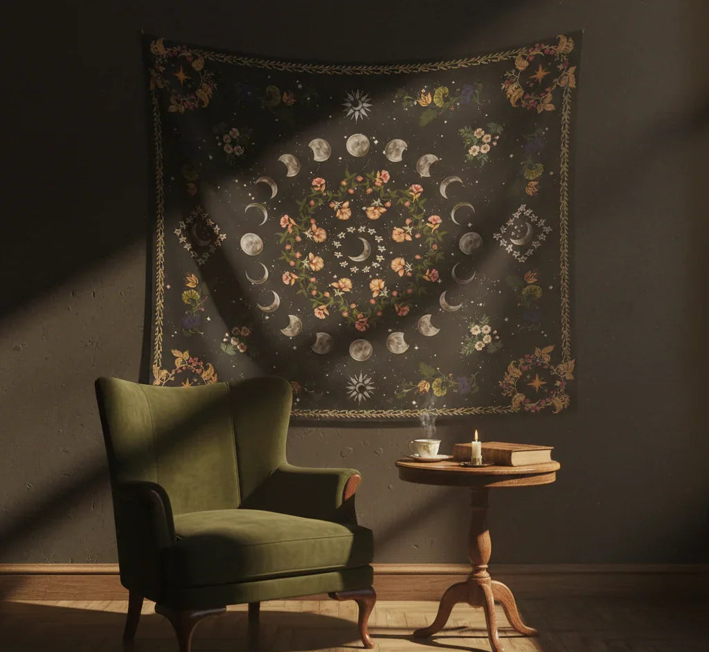 Dark celestial moon phase tapestry with floral wreath and stars, brushed fabric wall hanging with free installation kit