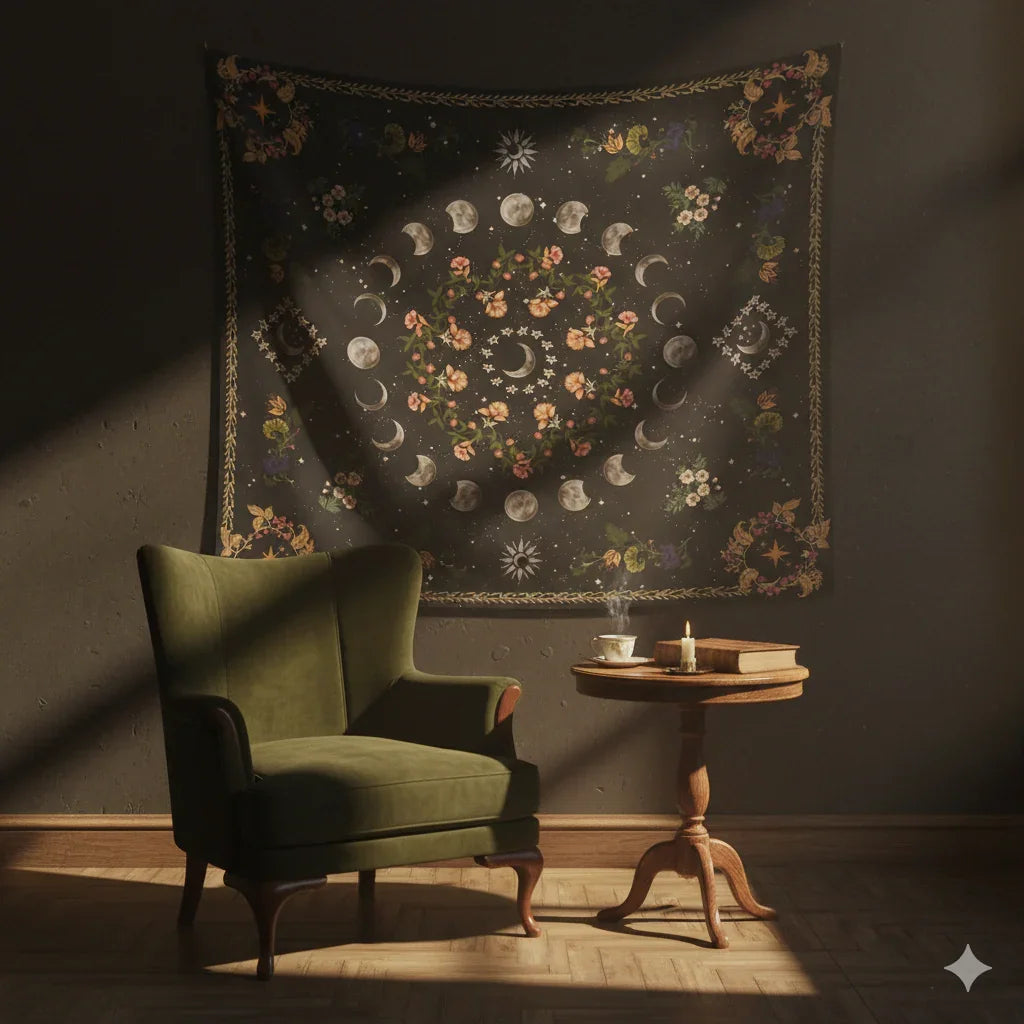 Dark celestial moon phase tapestry with floral wreath and stars, brushed fabric wall hanging with free installation kit