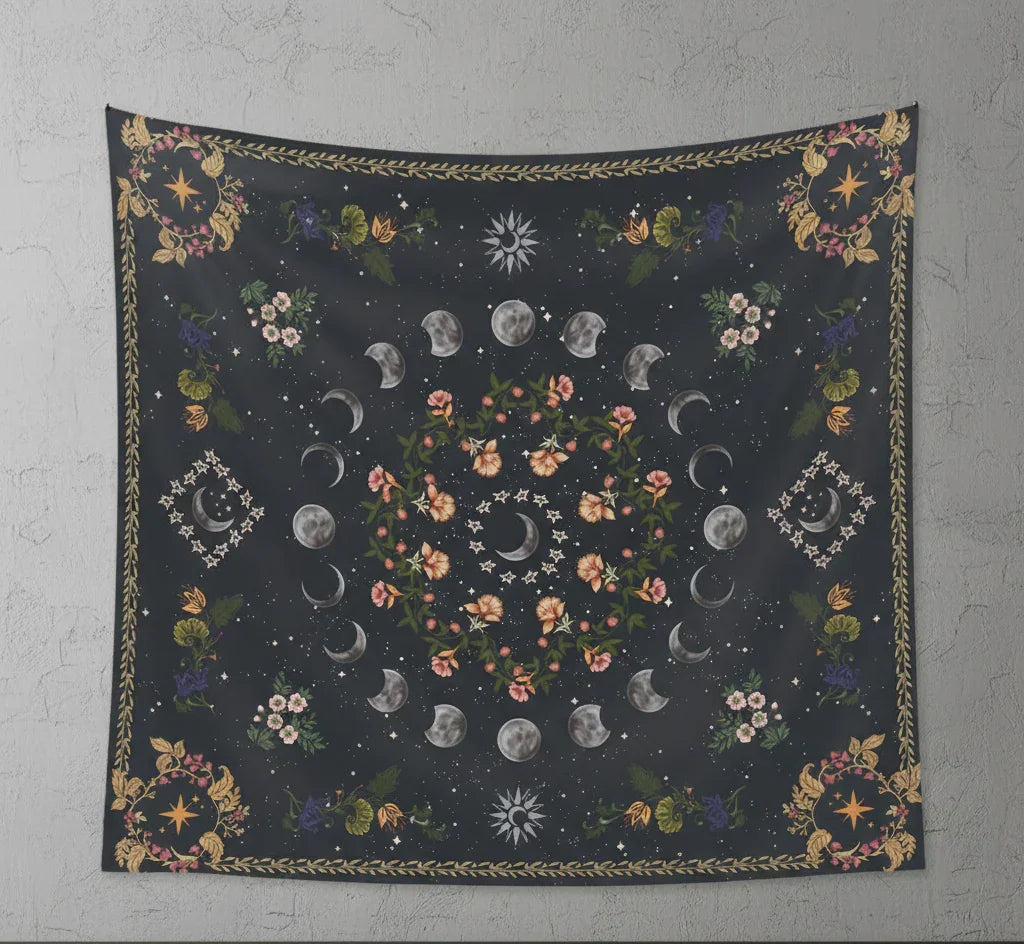 Dark celestial moon phase tapestry with floral wreath and stars, brushed fabric wall hanging with free installation kit