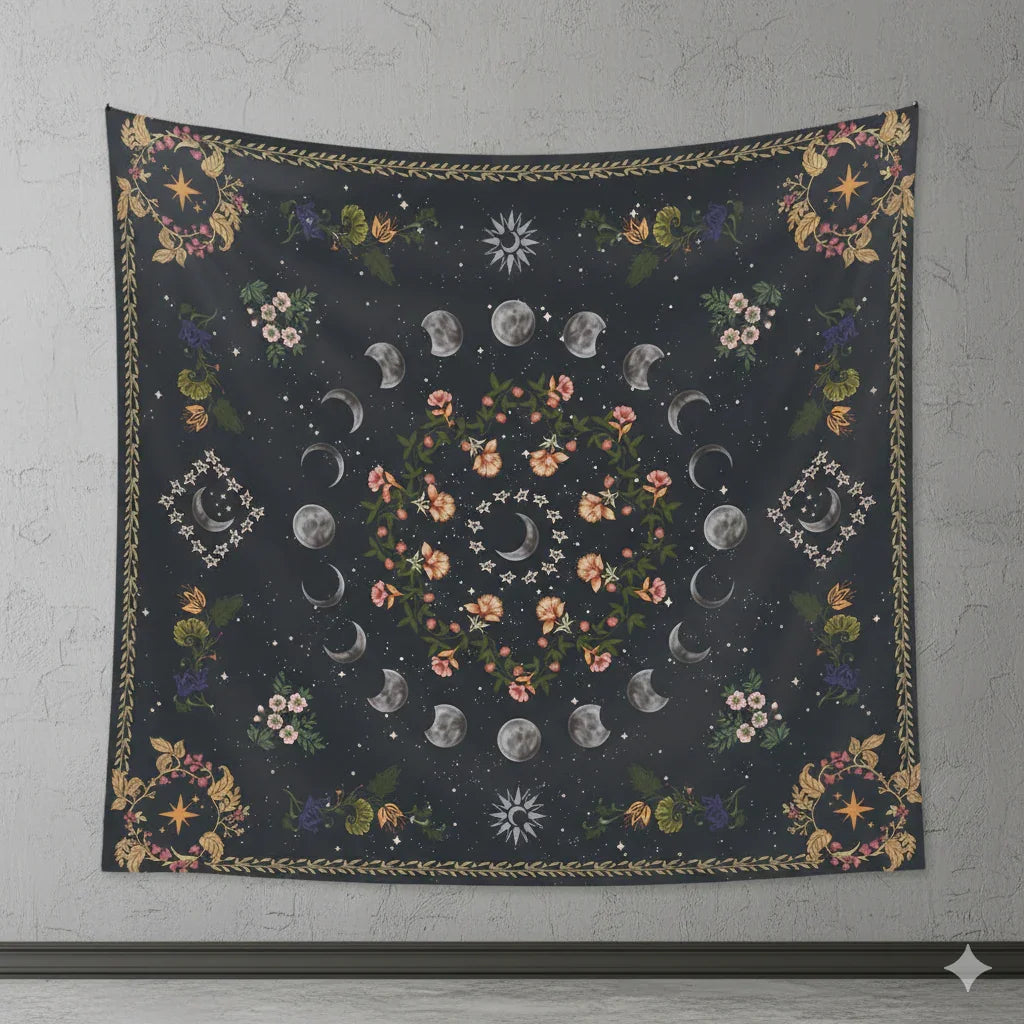 Dark celestial moon phase tapestry with floral wreath and stars, brushed fabric wall hanging with free installation kit