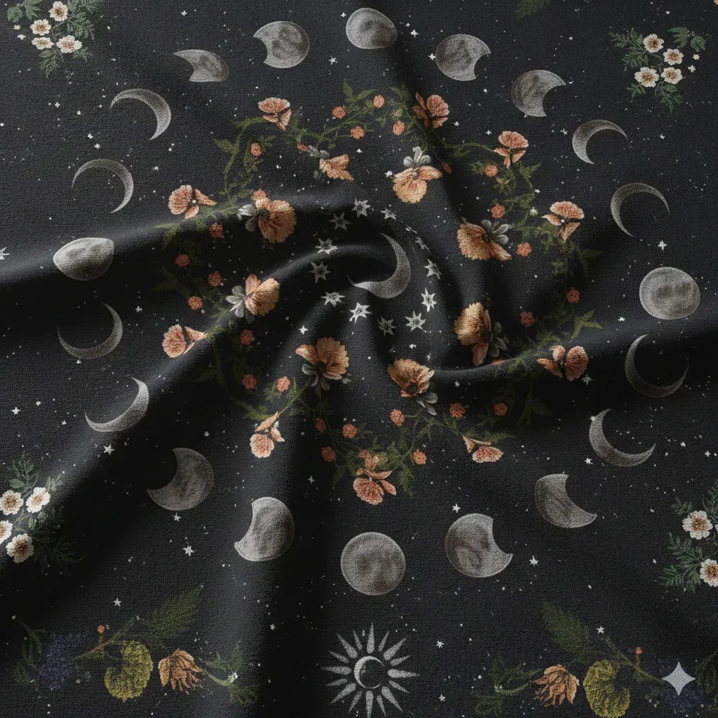 Dark celestial moon phase tapestry with floral wreath and stars, brushed fabric wall hanging with free installation kit