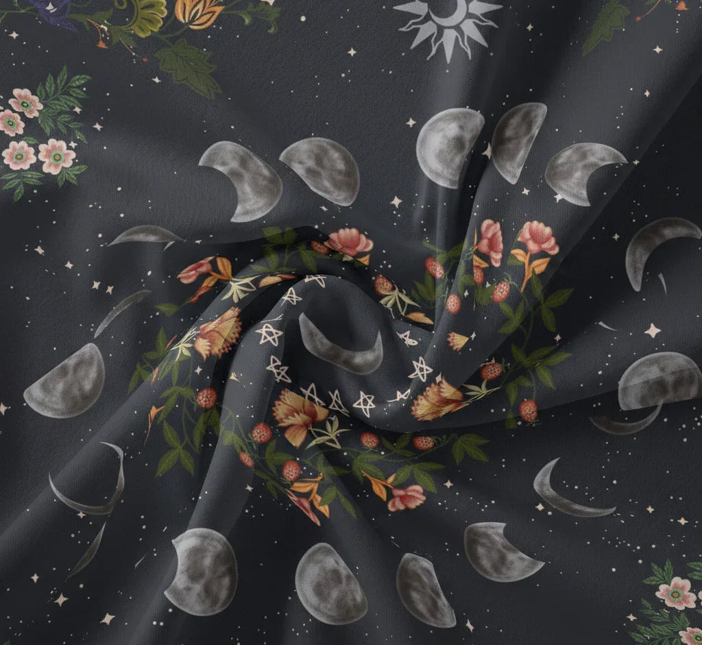 Dark celestial moon phase tapestry with floral wreath and stars, brushed fabric wall hanging with free installation kit