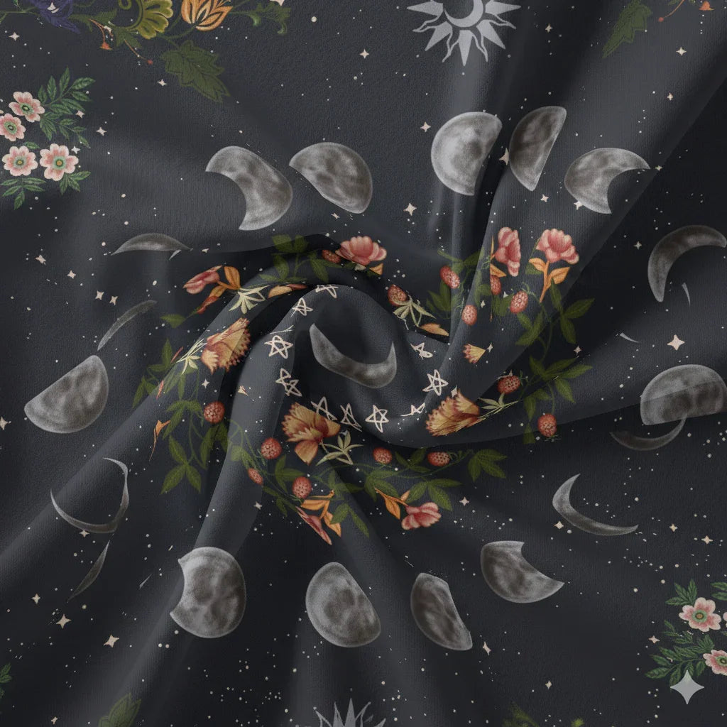 Dark celestial moon phase tapestry with floral wreath and stars, brushed fabric wall hanging with free installation kit