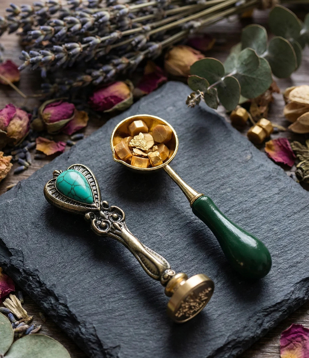 Dark Academia wax seal kit with tealight candles, sealing wax beads, melting spoon, and wax seal stamp in gift box (3 stamp designs available)