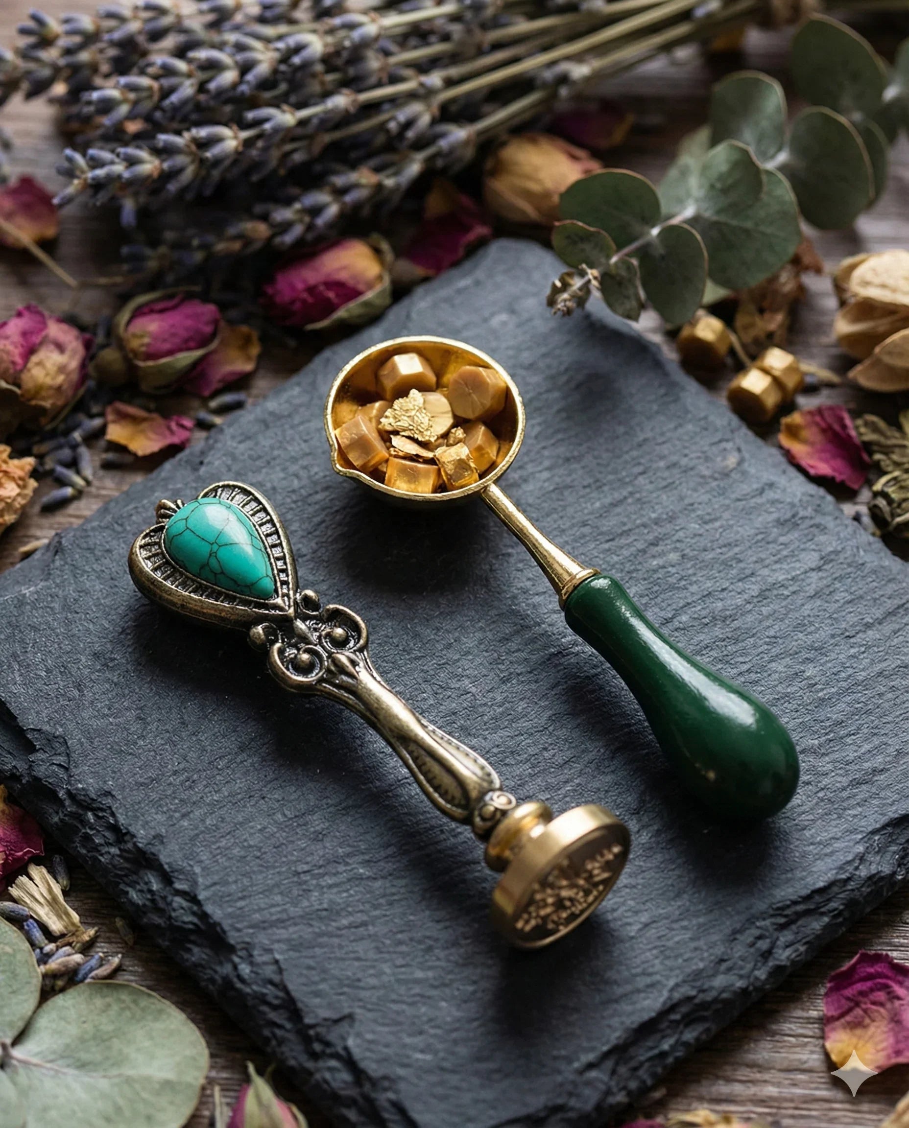 Dark Academia wax seal kit with tealight candles, sealing wax beads, melting spoon, and wax seal stamp in gift box (3 stamp designs available)