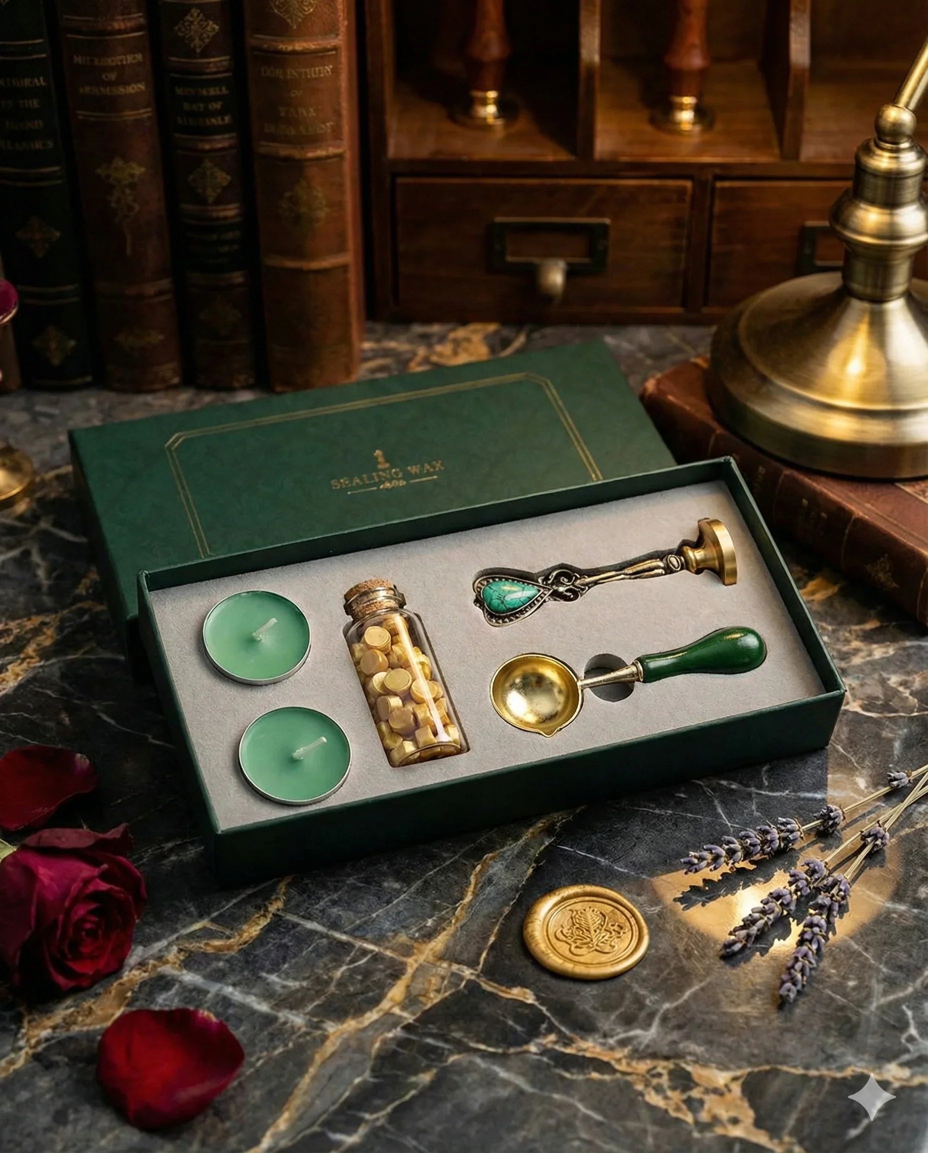 Dark Academia wax seal kit with tealight candles, sealing wax beads, melting spoon, and wax seal stamp in gift box (3 stamp designs available)