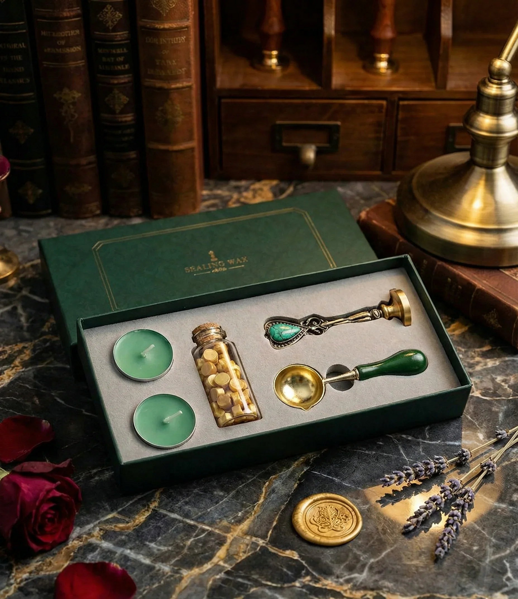 Dark Academia wax seal kit with tealight candles, sealing wax beads, melting spoon, and wax seal stamp in gift box (3 stamp designs available)