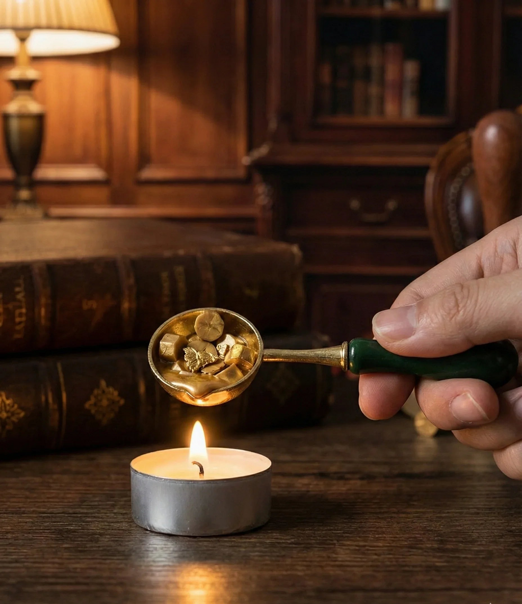 Dark Academia wax seal kit with tealight candles, sealing wax beads, melting spoon, and wax seal stamp in gift box (3 stamp designs available)