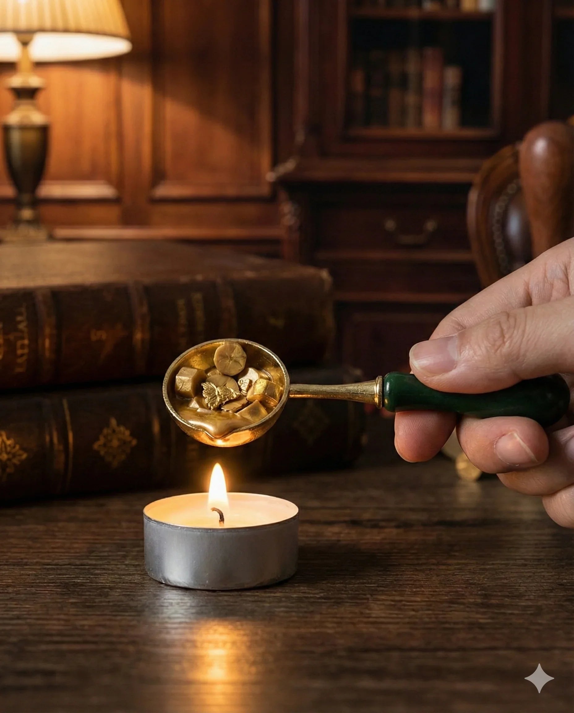 Dark Academia wax seal kit with tealight candles, sealing wax beads, melting spoon, and wax seal stamp in gift box (3 stamp designs available)