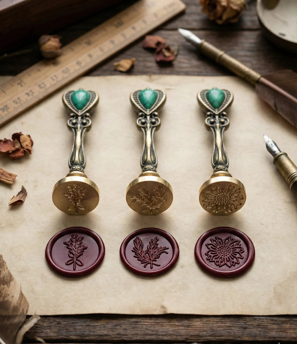 Dark Academia wax seal kit with tealight candles, sealing wax beads, melting spoon, and wax seal stamp in gift box (3 stamp designs available)