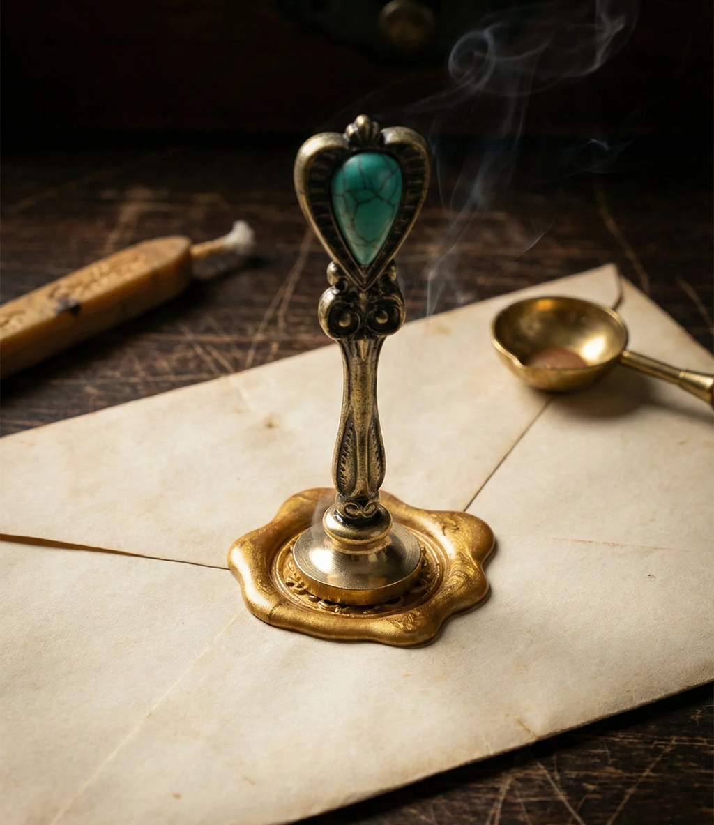 Dark Academia wax seal kit with tealight candles, sealing wax beads, melting spoon, and wax seal stamp in gift box (3 stamp designs available)