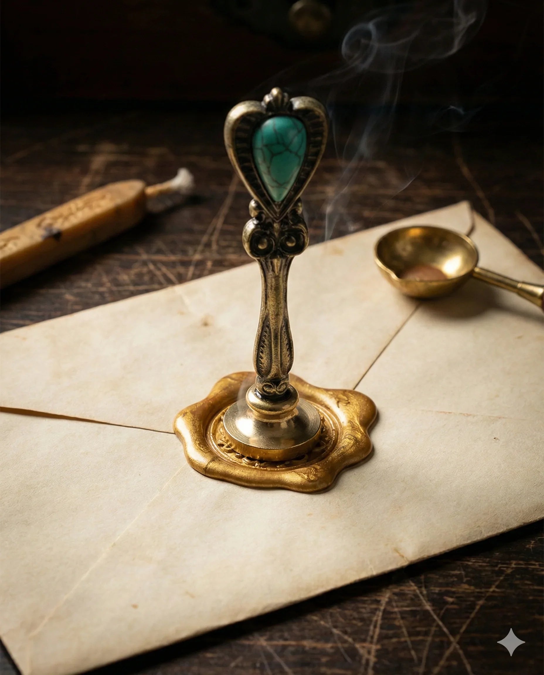 Dark Academia wax seal kit with tealight candles, sealing wax beads, melting spoon, and wax seal stamp in gift box (3 stamp designs available)