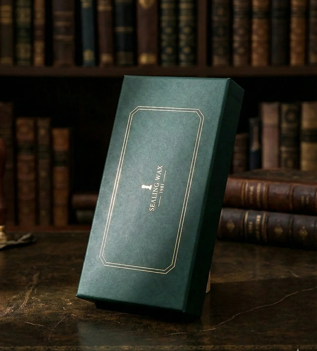 Dark Academia wax seal kit with tealight candles, sealing wax beads, melting spoon, and wax seal stamp in gift box (3 stamp designs available)