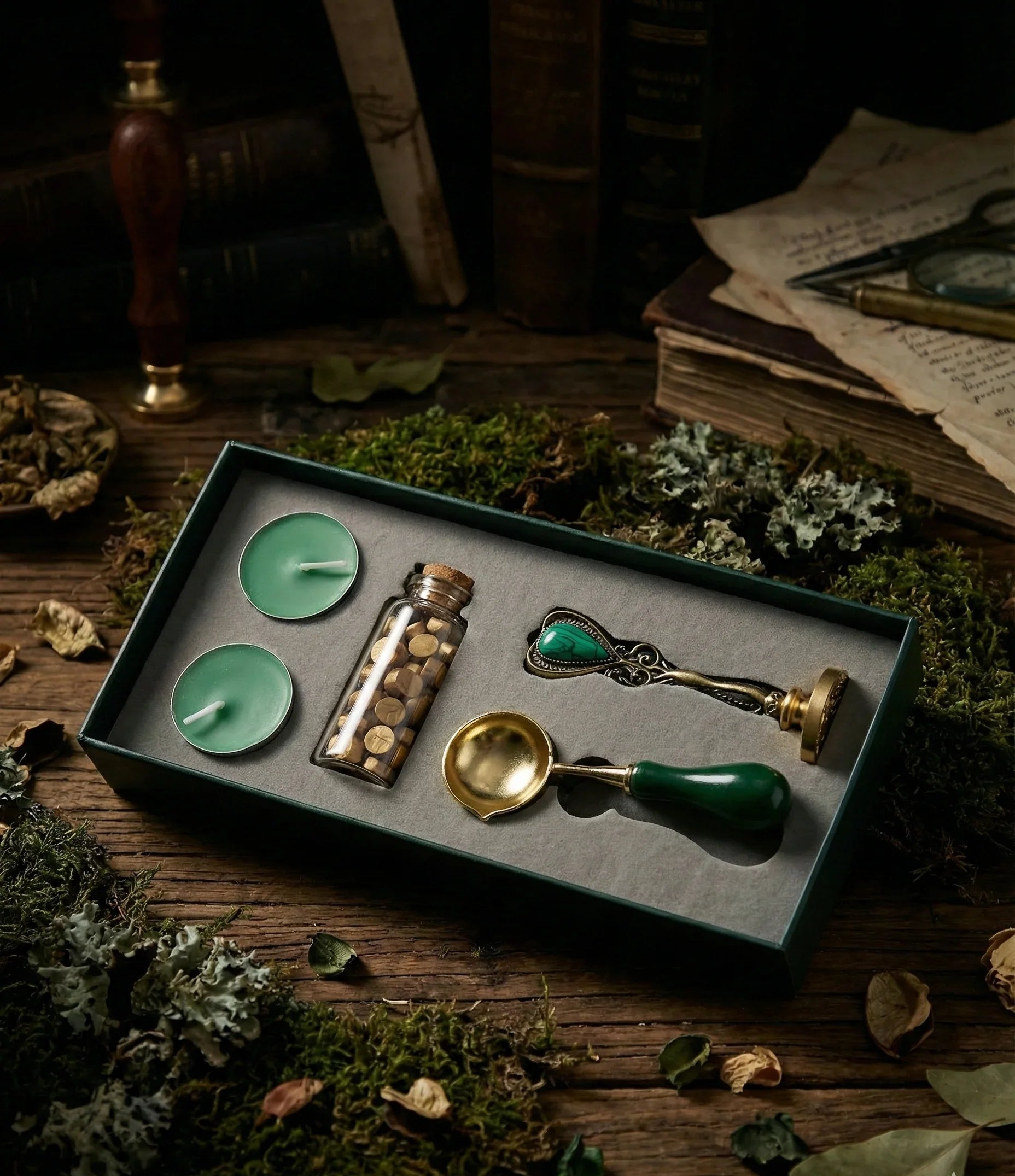 Dark Academia wax seal kit with tealight candles, sealing wax beads, melting spoon, and wax seal stamp in gift box (3 stamp designs available)