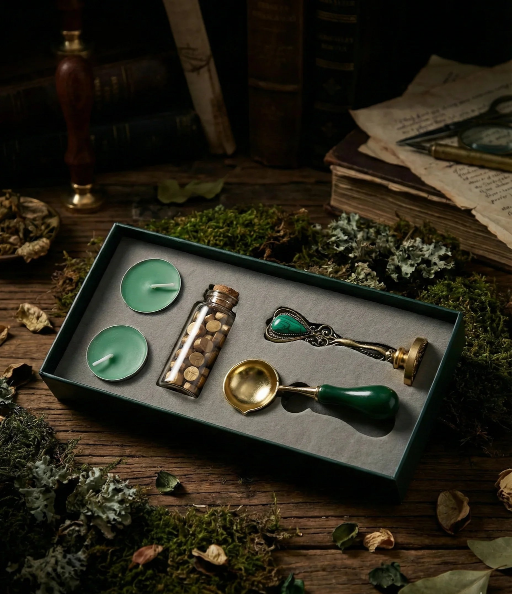 Dark Academia wax seal kit with tealight candles, sealing wax beads, melting spoon, and wax seal stamp in gift box (3 stamp designs available)