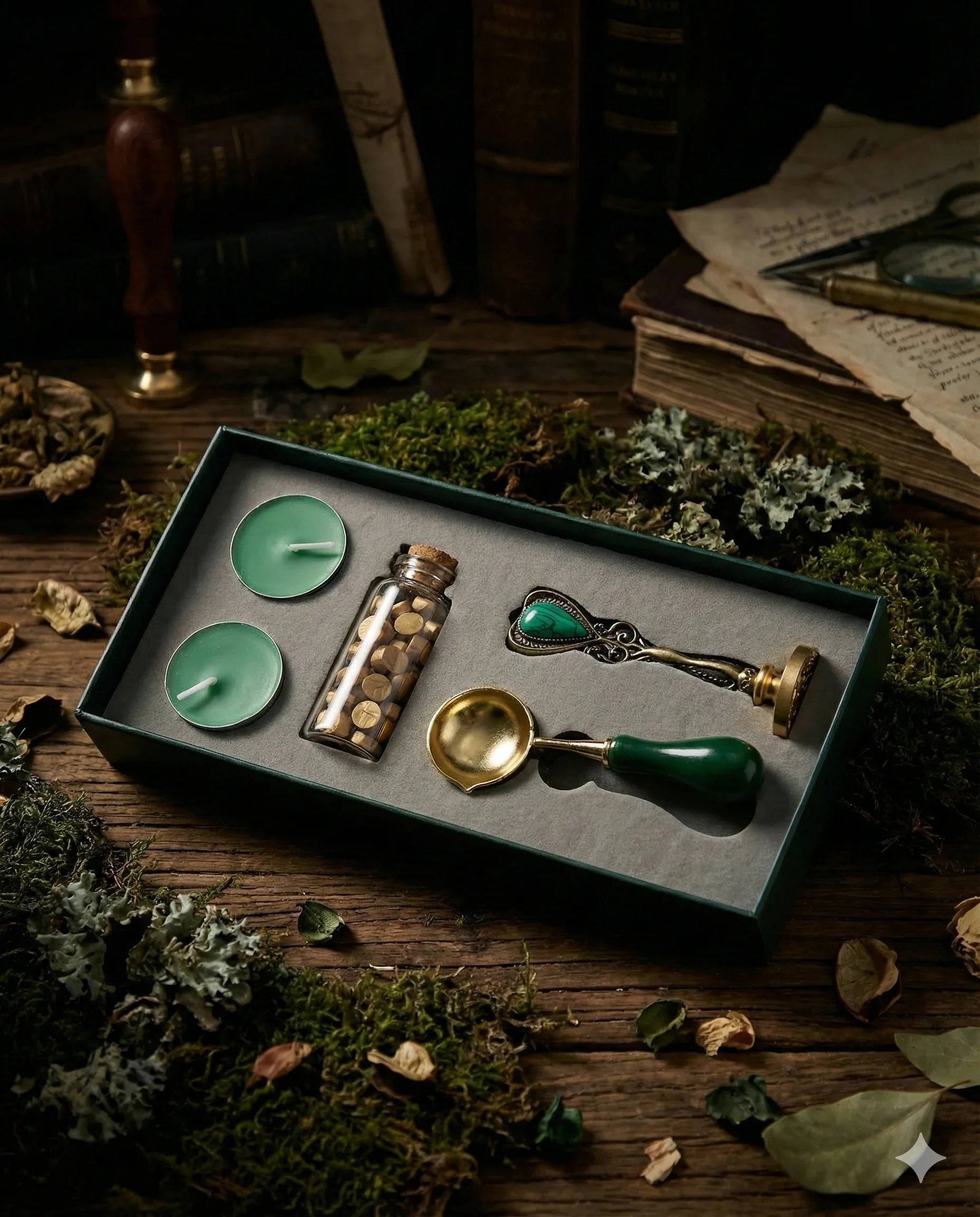 Dark Academia wax seal kit with tealight candles, sealing wax beads, melting spoon, and wax seal stamp in gift box (3 stamp designs available)
